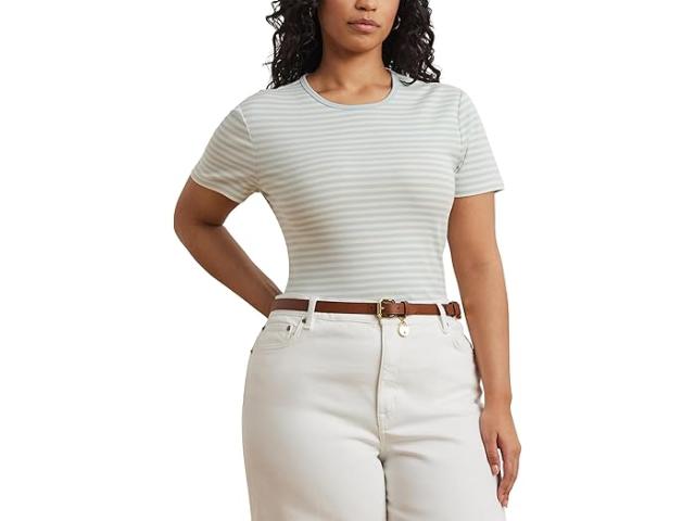 (取寄) ローレン ラルフローレン レディース プラス サイズ ストライプド ストレッチ コットン クルー ネック ティー Lauren Ralph Lauren women Plus Size Striped Stretch Cotton Crew Neck Tee Aqua Pearl/Mascarpone Cream