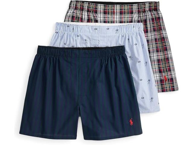 (取寄) ラルフローレン メンズ 3-パック クラシック フィット ウーブン ボクサー Polo Ralph Lauren men 3-Pack Classic Fit Woven Boxers Tie Stripe/Blue Flower Tick Stripe Football Print/Innes Plaid