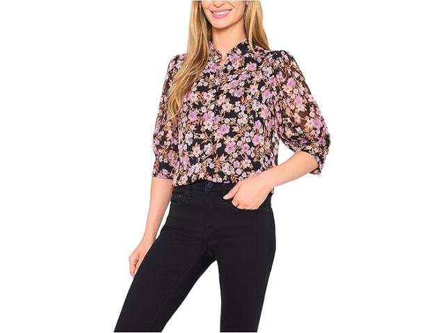 (取寄) シーシー レディース ルーシュド スリーブ ヒドゥン プラケット ブラウザ CeCe women Ruched Sleeve Hidden Placket Blouse Rich Black