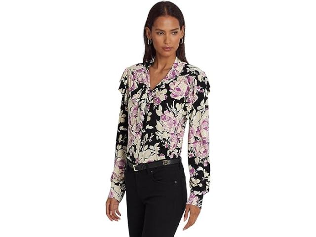 (取寄) ローレン ラルフローレン レディース フローラル ストレッチ ジャージ タイ-ネック トップ Lauren Ralph Lauren women Floral Stretch Jersey Tie-Neck Top Black/Lavender/Creamの通販は
