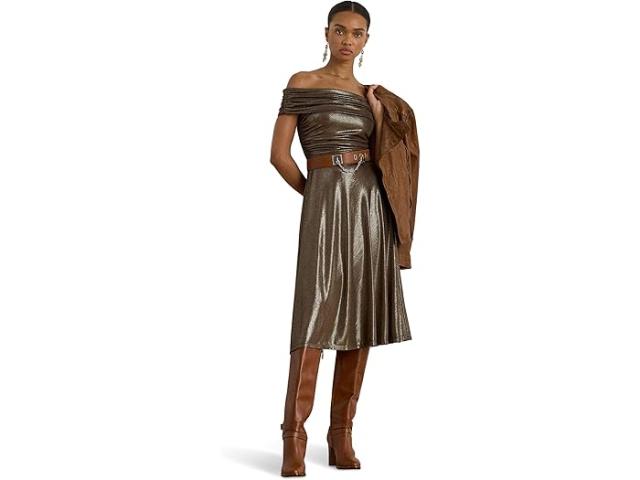 (取寄) ローレン ラルフローレン レディース メタリック オフ-ザ-ショルダー カクテル ドレス Lauren Ralph Lauren women llic Off-The-Shoulder Cocktail Dress Dark Taupe Brown/Light Gold Fl