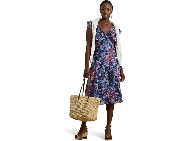 (取寄) ローレン ラルフローレン レディース プリント フリルトリム ジョーゼット ミディ ドレス Lauren Ralph Lauren women Print Ruffle-Trim ette Midi Dress Blue Multi