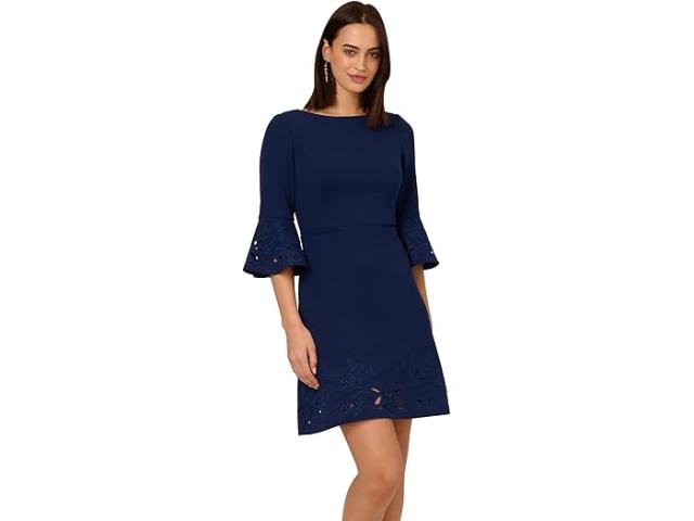 (取寄) アドリアナ パぺル レディース ニット クレープ コンボ ショート ドレス Adrianna Papell women Knit Crepe Combo Short Dress Navy Sateen