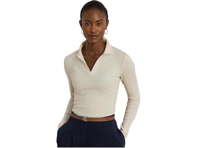 (取寄) ローレン ラルフローレン レディース リブ-ニット ロング-スローブ ポロ トップ Lauren Ralph Lauren women Rib-Knit Long-Sleeve Polo Top Mascarpone Cream