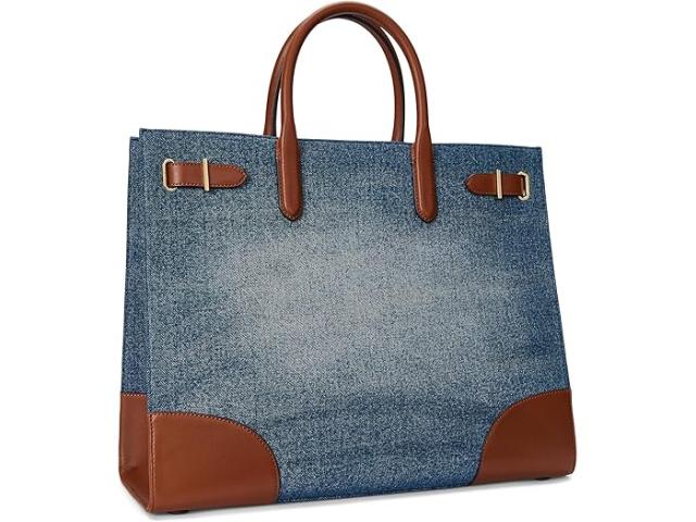 (取寄) ローレン ラルフローレン レディース レザー-トリム デニム ラージ デヴィン トート バッグ Lauren Ralph Lauren women Leather-trim Denim Large Devyn Tote Bag Sunset Indigo Wash/Lauren Tan