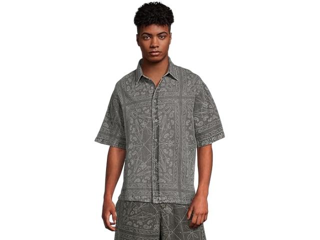 (取寄) アルマーニエクスチェンジ メンズ ショート スリーブ オーバーサイズ フィット コットン リネン デニム ペイズリー シャツ Armani Exchange men Short Sleeve Oversized Fit Cotton Linen Denim Paisley Shirt Black Denim Paisley Ao