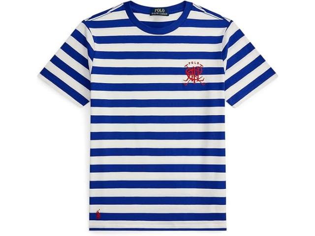 (取寄) ラルフローレン キッズ メンズ クレスト ストライプド コットン ティー (ビッグ キッド) Polo Ralph Lauren Kids men Crest Striped Cotton Tee (big Kid) New Sapphire/White