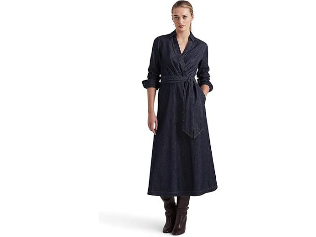 (取寄) ローレン ラルフローレン レディース デニム サープリス ミディ ドレス Lauren Ralph Lauren women Lauren Ralph Lauren Denim Surplice Midi Dress Dark Rinse Wash