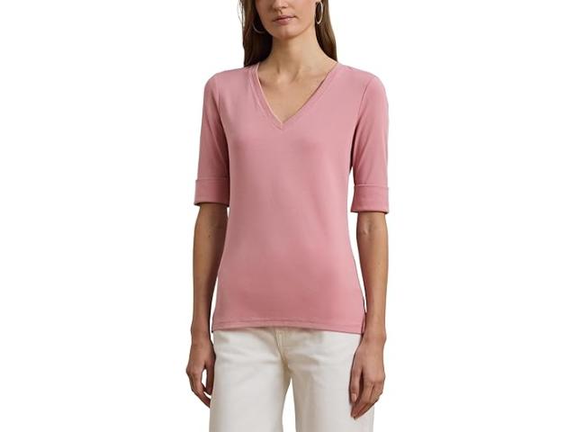 (取寄) ローレン ラルフローレン レディース ストレッチ コットン エルボー-スリーブ V-ネック ティー Lauren Ralph Lauren women Stretch Cotton Elbow-Sleeve V-Neck Tee Rose Mauve