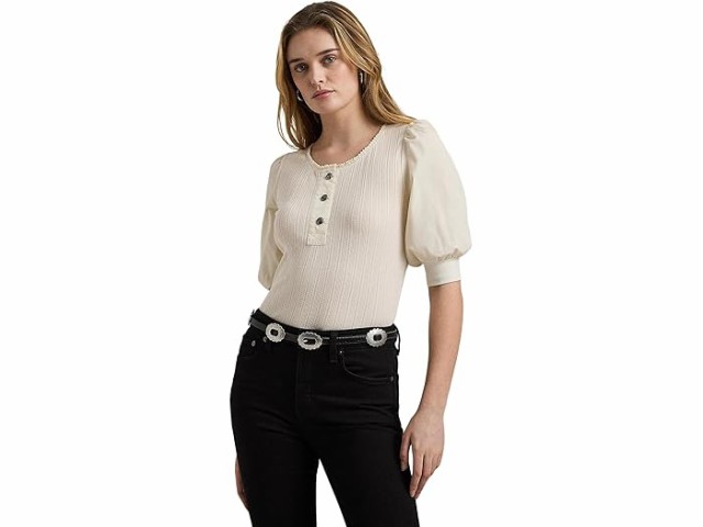 (取寄) ローレン ラルフローレン レディース ポインテール パフ スリーブ ヘンリー ティー Lauren Ralph Lauren women Pointelle Puff Sleeve Henley Tee Mascarpone Creamの通販は