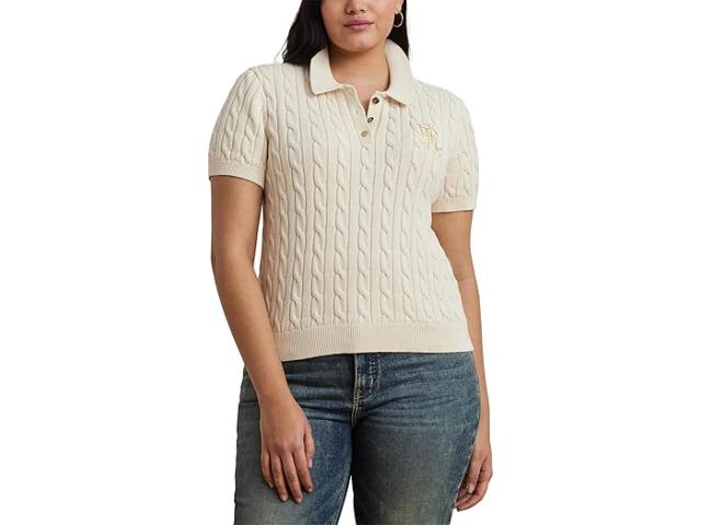 (取寄) ローレン ラルフローレン レディース プラス サイズ ケーブルニット コットン ポロ セーター Lauren Ralph Lauren women Plus Size Cable-Knit Cotton Polo Sweater Mascarpone Cream