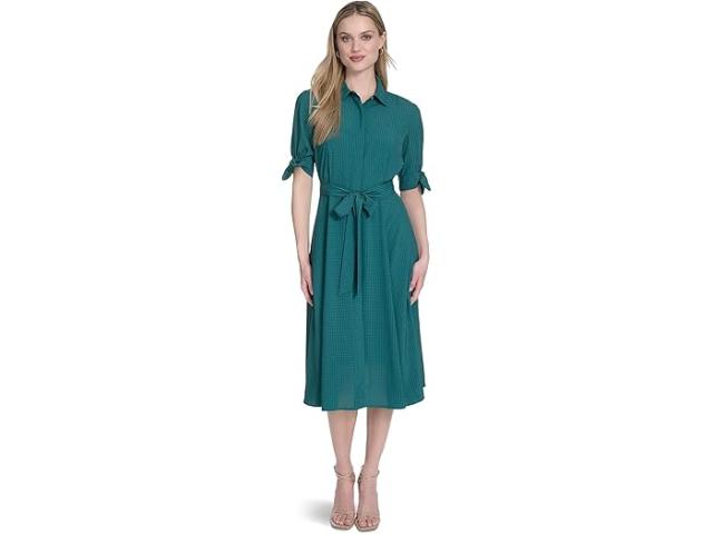 (取寄) カルバンクライン レディース シフォン ショート スリーブ シャツ ドレス   women Chiffon Short Sleeve Shirt Dress Sequoia