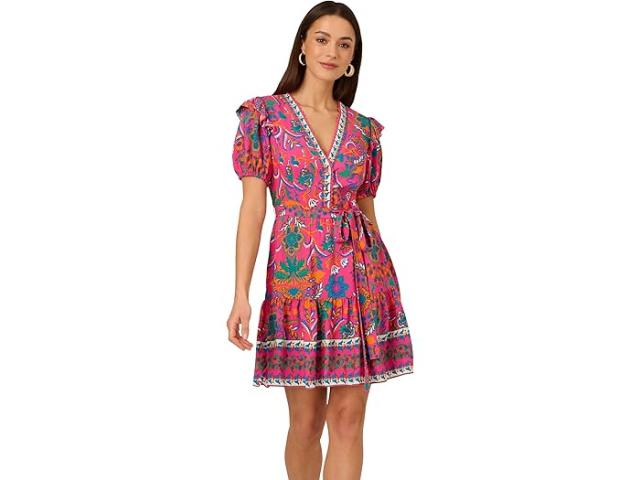 (取寄) アドリアナ パぺル レディース プリンテッド ショート フリル ドレス Adrianna Papell women Printed Short Flounce Dress Hot Pink/Multi