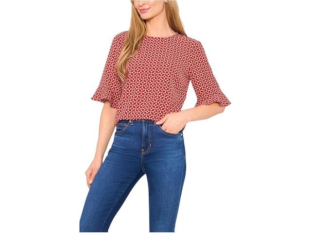 (取寄) シーシー レディース エルボー スリーブ ラッフル カフ クルー ネック トップ CeCe women Elbow Sleeve Ruffle Cuff Crew Neck Top Mulberry Red