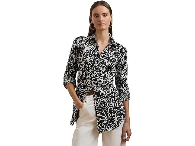 (取寄) ローレン ラルフローレン レディース リラックスド-フィット フィット フローラル リネン シャツ Lauren Ralph Lauren women Relaxed Fit Floral Linen Shirt Cream/Black