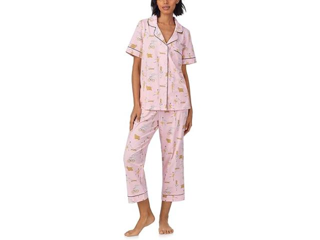 (取寄) ベッドヘッドパジャマズ レディース コットン ニット ショート スリーブ クロップド Pj セット Bedhead PJs women Cotton Knit Short Sleeve Cropped PJ Set Say Yes To Pasta