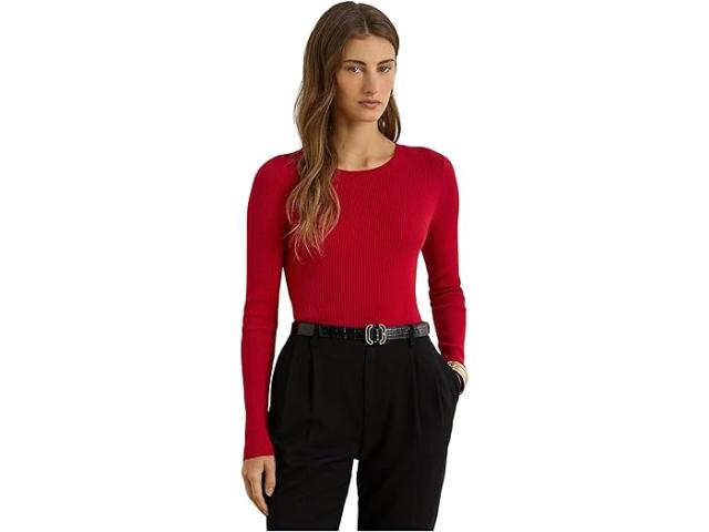 (取寄) ローレン ラルフローレン レディース リブ-ニット コットンブレンド クルー ネック セーター Lauren Ralph Lauren women Rib-Knit Cotton-Blend Crew Neck Sweater Ralph Red