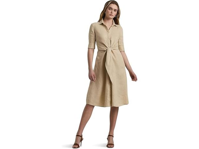 (取寄) ローレン ラルフローレン レディース タイフロント リネン シャツドレス Lauren Ralph Lauren women Tie-Front Linen Shirtdress Explorer Sand