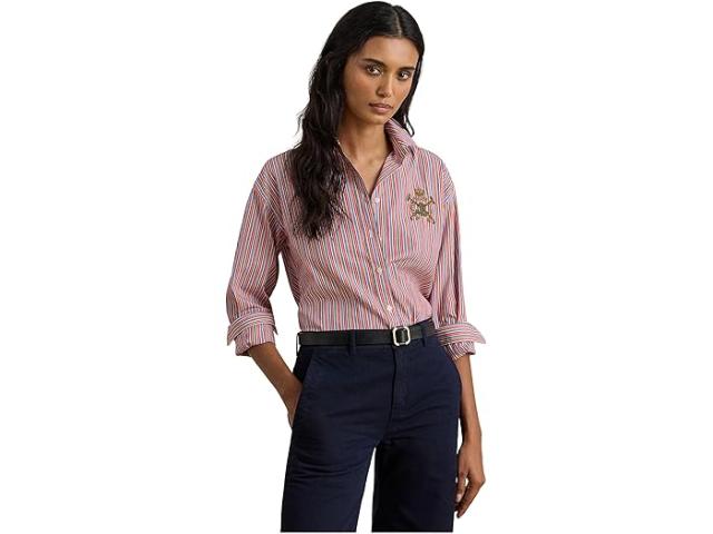 (取寄) ローレン ラルフローレン レディース リラックスド-フィット フィット ストライプド ブロード シャツ Lauren Ralph Lauren women Relaxed Fit Striped Broadcloth Shirt Orange/Blue/White
