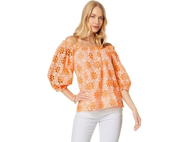 (取寄) リリー ピュリッツァー レディース ケリガン エルボー スリーブ トップ Lilly Pulitzer women Kerrigan Elbow Sleeve Top Cantaloupe Funflower Eyelet