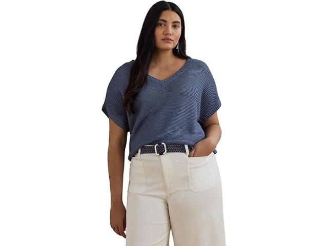 (取寄) ローレン ラルフローレン レディース プラス サイズ リネンブレンド ショートスリーブ V-ネック セーター Lauren Ralph Lauren women Plus Size Linen-Blend Short-Sleeve V-Neck Sweater Capri Blue