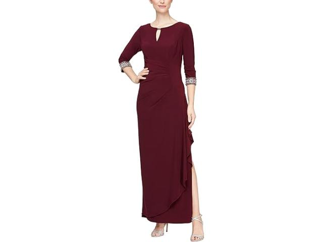(取寄) アレックス イブニングス レディース ロング A-ライン ドレス ウィズ エンベリッシュ スリーブ アンド ネックライン Alex Evenings women Long A-Line Dress with Embellished Sleeves and Neckline Figの通販は