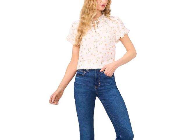 (取寄) シーシー レディース バブル スリーブ スプリット ネック ブラウザ ウィズ タイ CeCe women Bubble Sleeve Split Neck Blouse With Tie New Ivory