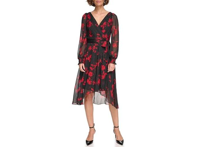 (取寄) ダナキャランニューヨーク レディース ロング バルーン スリーブ ウィズ ラップ スカート DKNY women DKNY Long Balloon Sleeve with Wrap Skirt Black/Scarletの通販は