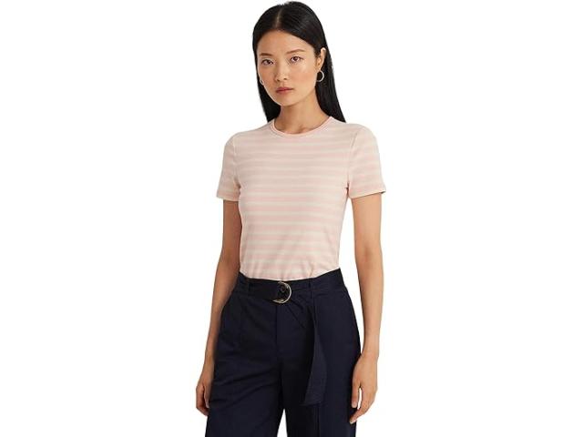 (取寄) ローレン ラルフローレン レディース ストライプド ストレッチ コットン クルーネック Tシャツ LAUREN Ralph Lauren women LAUREN Ralph Lauren Striped Stretch Cotton Crewneck Tee Pale Pink/Mascarpone Creamの通販は