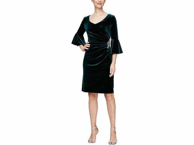 (取寄) アレックス イブニングス レディース ショート ベルネット シィース ドレス ウィズ ベル スリーブ Alex Evenings women Alex Evenings Short Velvet Sheath Dress with Bell Sleeves Forestの通販は