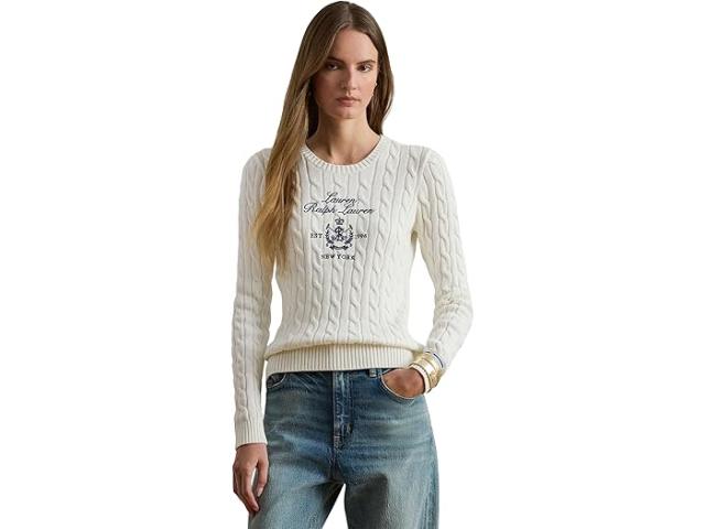 (取寄) ローレン ラルフローレン レディース エンブロイダード-クレスト ケーブルニット セーター Lauren Ralph Lauren women Embroidered-Crest Cable-Knit Sweater White