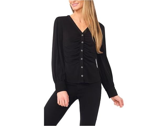 (取寄) シーシー レディース ロング スリーブ V-ネック シャード ボタン ダウン ニット CeCe women Long Sleeve V-neck Shirred Button Down Knit Rich Black