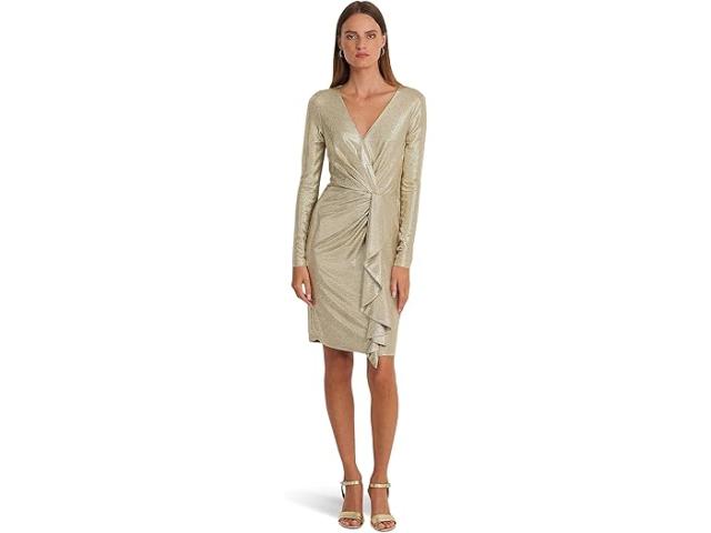 (取寄) ローレン ラルフローレン レディース メタリック ニット サープリス カクテル ドレス Lauren Ralph Lauren women Metallic Knit Surplice Cocktail Dress Birch Tan/Gold Foilの通販は