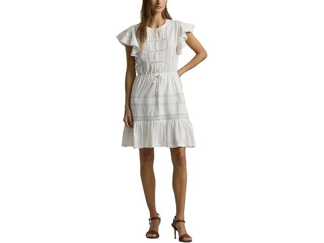 (取寄) ローレン ラルフローレン レディース レーストリム ジャージ フラッタースリーブ ドレス LAUREN Ralph Lauren women LAUREN Ralph Lauren Lace-Trim Jersey Flutter-Sleeve Dress Whiteの通販は 57,060円