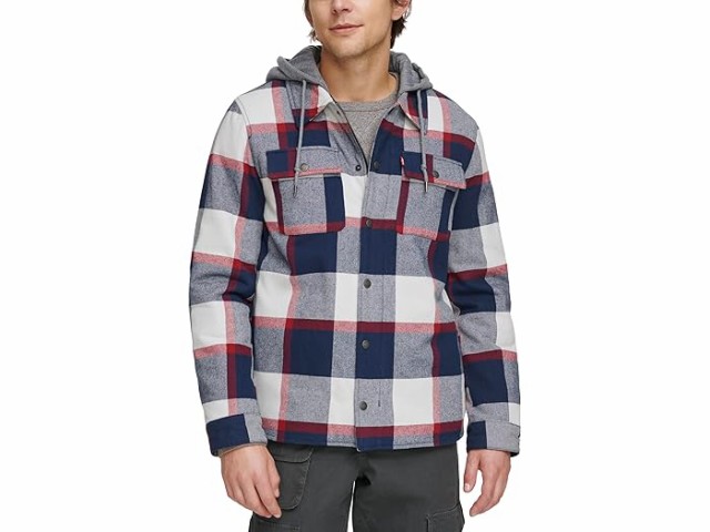 (取寄) リーバイス メンズ ウォッシュド コットン シャツ ジャケット ウィズ ア ジャージ フード アンド シェルパ ライニング Levi's men Levi's Washed Cotton Shirt Jacket with A Jersey Hood and Sherpa Lining Navy/Red Skater Plaid (NRE)の通販は 23,140円