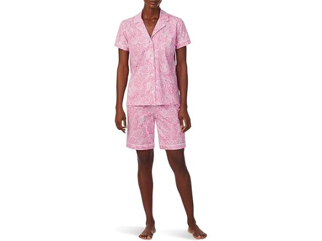 (取寄) ローレン ラルフローレン レディース ショート スリーブ ノッチ カラー バミューダ パジャマ セット Lauren Ralph Lauren women Short Sleeve Notch Collar Bermuda Pajama Set Pink Paisley