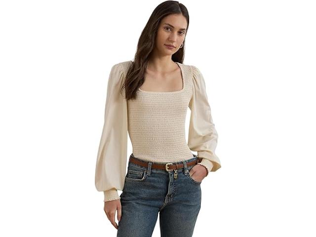 (取寄) ローレン ラルフローレン レディース スモック ジャージ ブルゾン スリーブ トップ Lauren Ralph Lauren women Smocked Jersey Blouson Sleeve Top Mascarpone Cream
