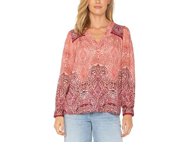 (取寄) リバプールロサンゼルス レディース ロング スリーブ V-ネック ポップオーバー ウーブン ブラウザ Liverpool Los Angeles women Long Sleeve V-neck Popover Woven Blouse Mauve Ombre Paisley