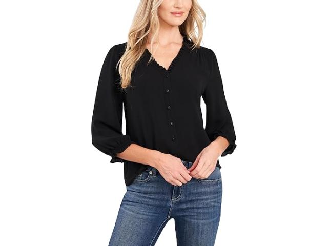 (取寄) シーシー レディース 3/4 スリーブ ラッフルド V-ネック ブラウザ CeCe women 3/4 Sleeve Ruffled V-Neck Blouse Rich Black