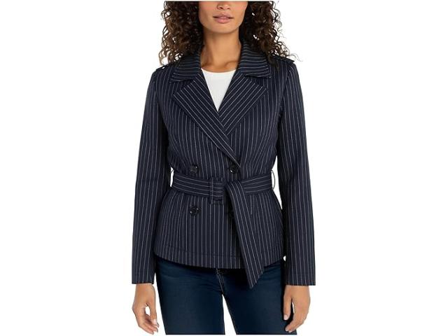 (取寄) リバプールロサンゼルス レディース クロップド ピンストライプ トレンチ ジャケット ウィズ ベルト Liverpool Los Angeles women Cropped Pinstripe Trench Jacket With Belt Deep Midnight/ White Pinstripe