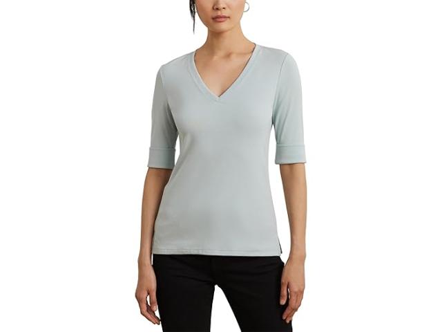 (取寄) ローレン ラルフローレン レディース ピティート ストレッチ コットン エルボー-スリーブ V-ネック ティー Lauren Ralph Lauren women Petite Stretch Cotton Elbow-Sleeve V-Neck Tee Aqua Pearl