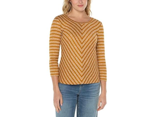 (取寄) リバプールロサンゼルス レディース 3/4 スリーブ マイター フロント スクープ ネック ニット トップ Liverpool Los Angeles women 3/4 Sleeve Miter Front Scoop Neck Knit Top Gold Stripe