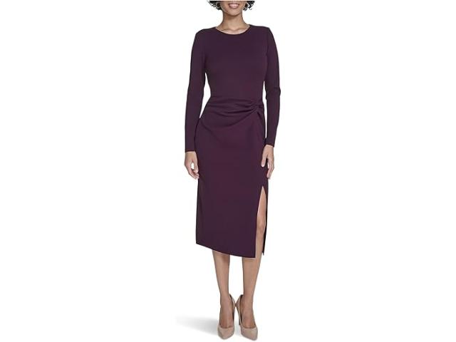 (取寄) カルバンクライン レディース ロング スリーブ ソリッド ルースド ミディ   women Long Sleeve Solid Rouched Midi Aubergine