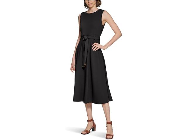 (取寄) カルバンクライン レディース スリーブレス スキューバ クレープ セルフ タイ Aライン   women Sleeveless Scuba Crepe Self Tie Aline Black