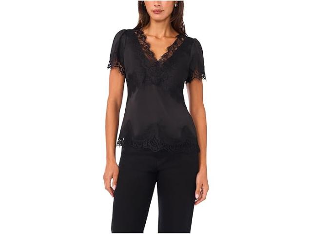 (取寄) ヴィンスカムート レディース ショート スリーブ V-ネック ウィズ レース Vince Camuto women Short Sleeve V-Neck with Lace Rich Black