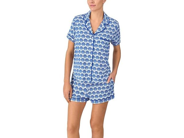 (取寄) ケイトスペード レディース ショート スリーブ ブラッシュ ジャージ ノッチ ボクサー パジャマ セット Kate Spade New York women Short Sleeve Brushed Jersey Notch Boxer Pajama Set White/Blue
