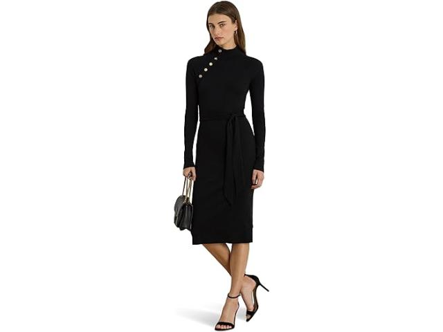 (取寄) ローレン ラルフローレン レディース ボタン-トリム リブ-ニット モック ネック ドレス Lauren Ralph Lauren women Button-Trim Rib-Knit Mock Neck Dress Black
