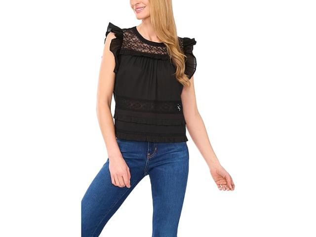 (取寄) シーシー レディース レース インセット ラッフル ディテール トップ CeCe women Lace Inset Ruffle Detail Top Rich Black