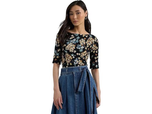 (取寄) ローレン ラルフローレン レディース フローラル ストレッチ コットン ボートネック ティー LAUREN Ralph Lauren women LAUREN Ralph Lauren Floral Stretch Cotton Boatneck Tee Black Multiの通販は