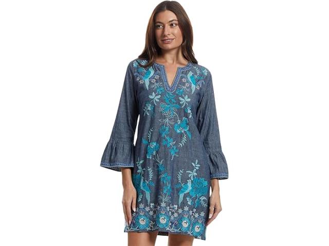 (取寄) ジョニー ワズ レディース ラッフル スリーブ ドレス - Johnny Was women Ruffle Sleeve Dress - Kikio Denim Blue